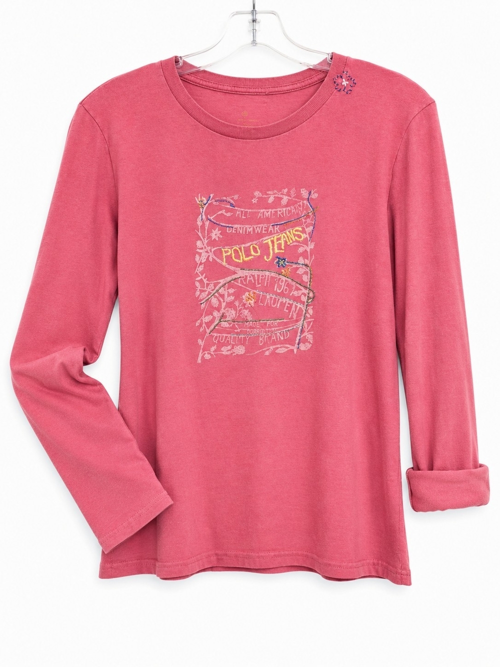 Polo Jeans Co Ralph Lauren Women's L Pink Embroidered Graphic Long Sleeve Tee
